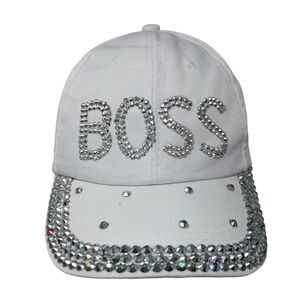 BOSS Bling Slideback Hat White One Size Adjustable Rhinestone Vented Holes